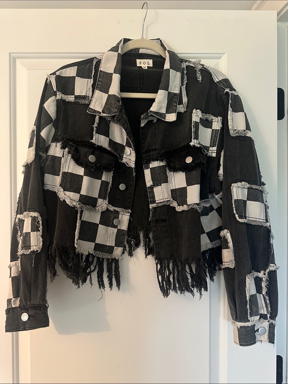 POL Black & White Check Distressed Cropped Denim Jacket - Picture 10 of 14